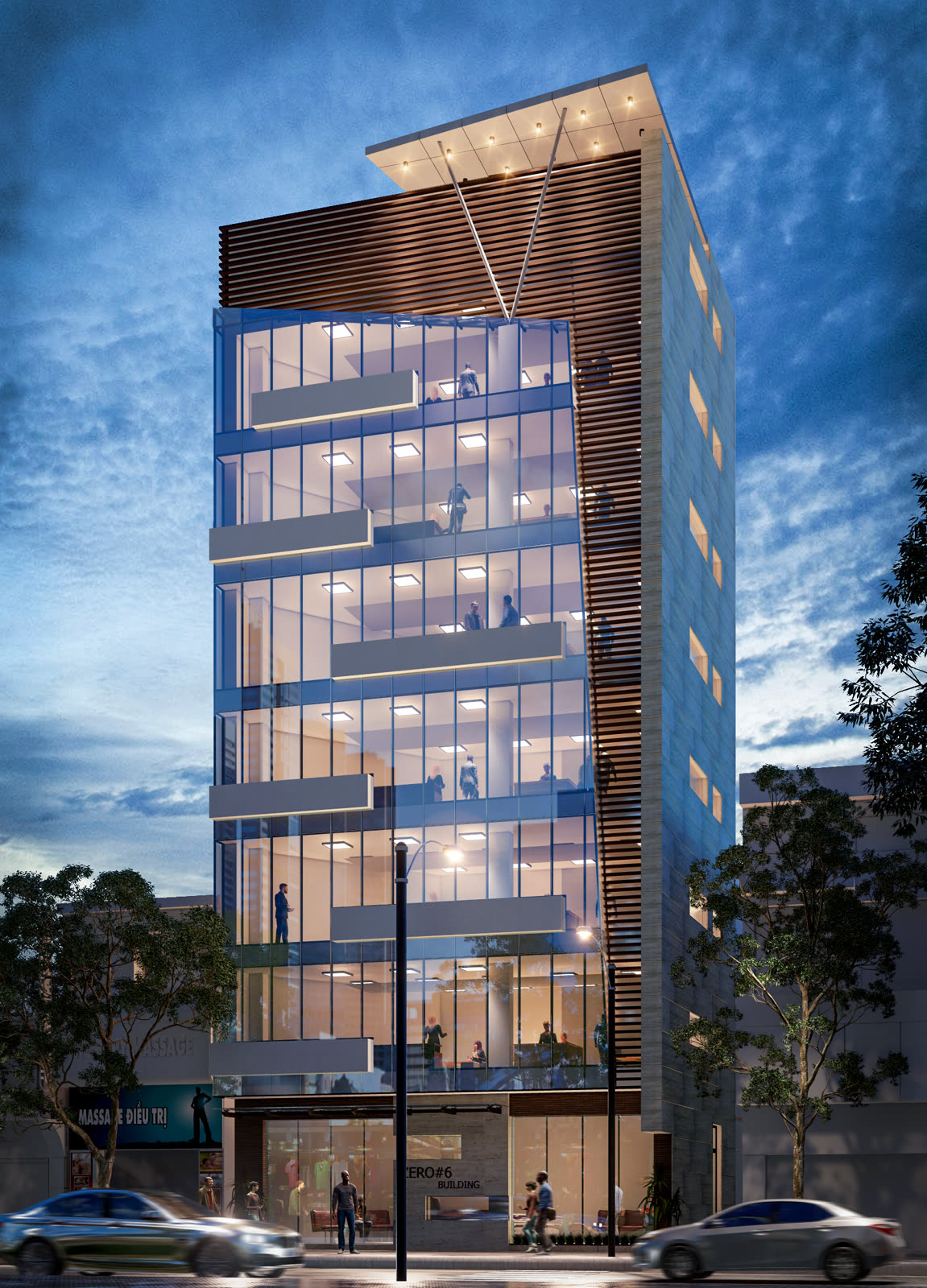 Render vertical de torre corporativa envidraçada ao entardecer